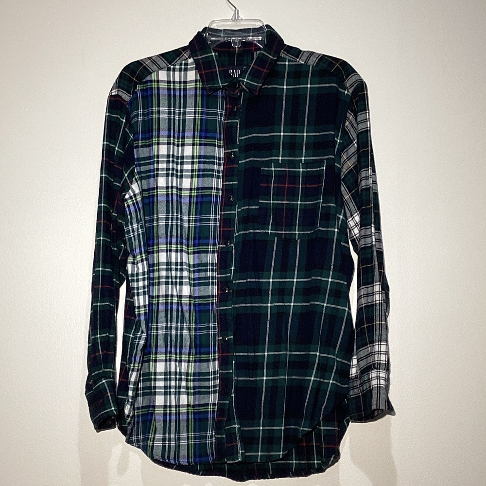 GAP Men's Patchwork Plaid Shirt - Green and Blue